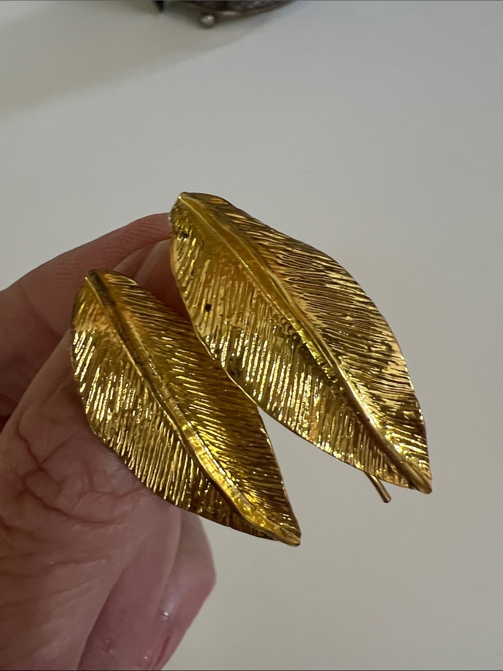 Gold Leaf Clip-On Earrings - Shiny Feather Design
